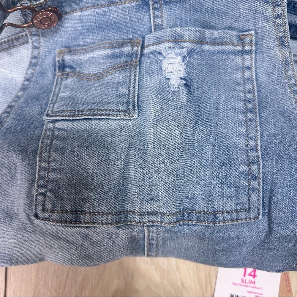 NEW GIRLS JUSTICE distressed Denim Jean Overalls‎ SIZE 14 SLIM